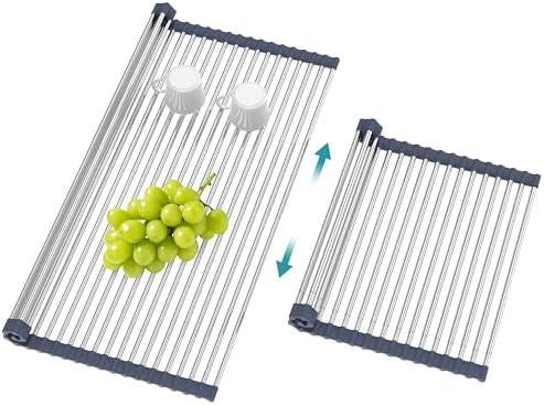 BBXTYLY Extra Large Expandable Roll Up Dish Drying Rack,Over The Sink Drying Rack Sink Cover Kitchen Sink Accessories Kitchen Rolling up Stainless Steel Drainer, Foldable,Rollable（Grey，22.8''-17''）