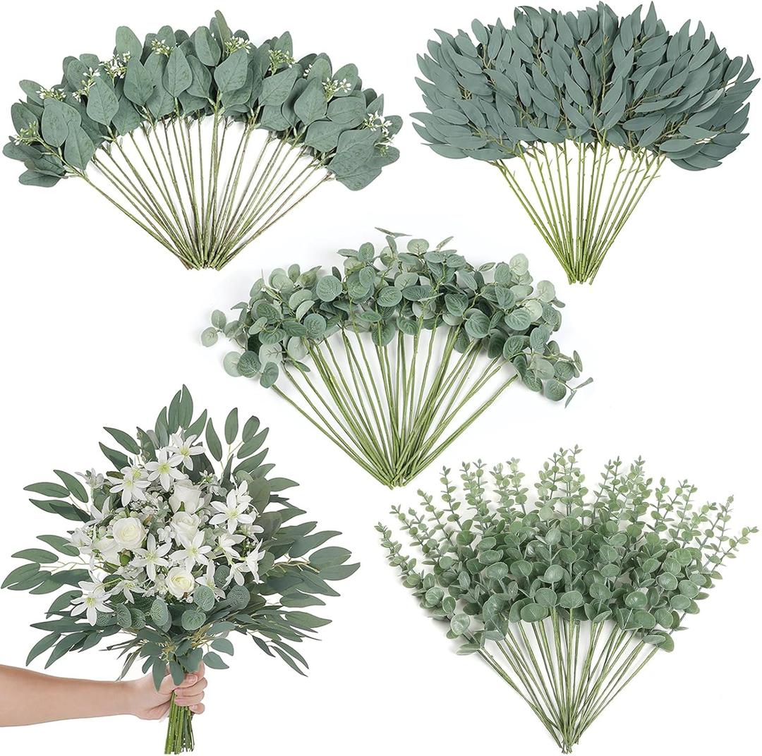 120 Pcs Artificial Eucalyptus Stems, 4 Kinds Mixed Faux Greenery Stems Fake Silver Dollar Eucalyptus Leaves Bundle for DIY Bouquets Centerpiece Spring Floral Arrangement Wreath Home Wedding Decor