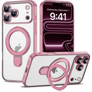 Compatible with iPhone 17 Pro Case with Invisible Magnetic Ring Stand [Compatible with Mag-Safe] [Full Camera Lens Protector] Plating Clear Phone Case for iPhone 17 Pro 6.3", Pink