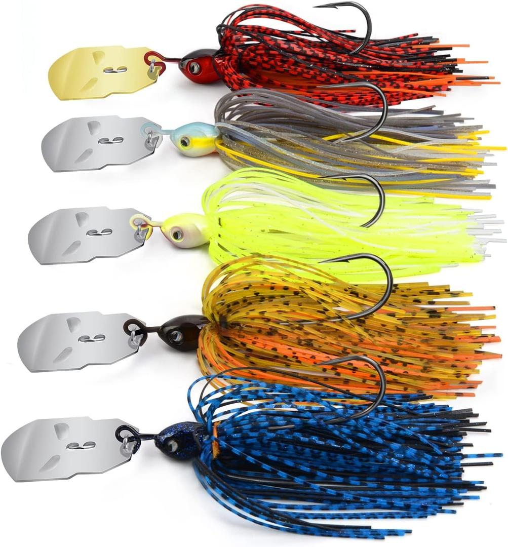 MadBite by KastKing Bladed Jig Fishing Lures, Multi-Color Kits, Irresistible Vibrating Action, Sticky-Sharp Heavy-Wire Needle Point Hooks, Popular 3/8 oz and 1/2 oz Sizes, Includes Storage Box (A1: 5 Pack (3/8oz) - Clear Water & Muddy Water)