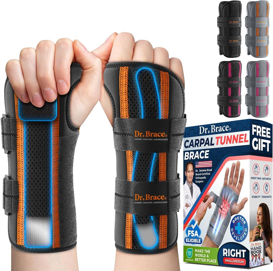 DR. BRACE Adjustable Wrist Brace Night Support for Carpal Tunnel, Doctor Developed, Upgraded with Double Splint & Therapeutic Cushion,Hand Brace for Pain Relief,Injuries,Sprains (S/M Right Hand, Black-Orange)