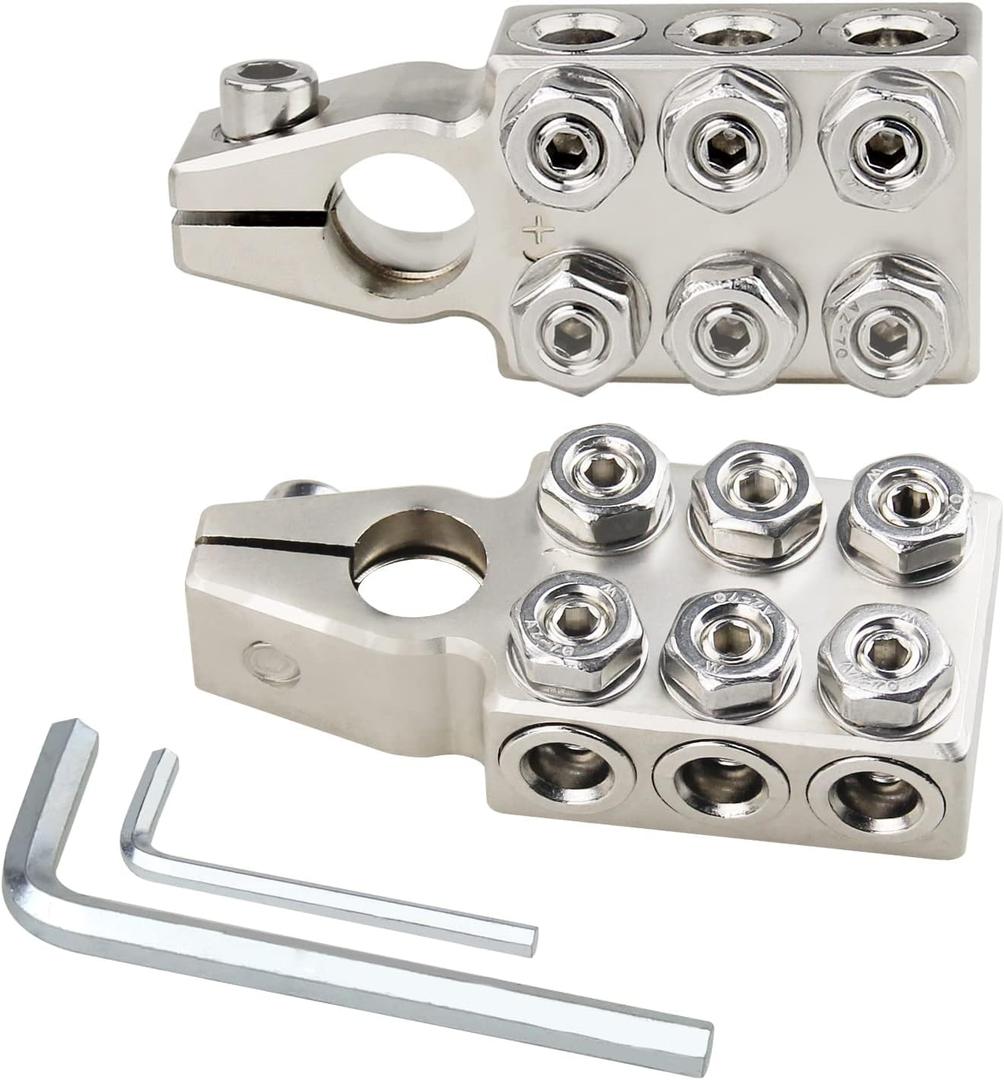 Battery Terminal Connectors, 12-Way Battery Distribution Block, 8AWG up to 4/0(XL) AWG Gauge Positive and Negative (+/-)(Pair) for SAE/DIN/EN Tapered Top Post