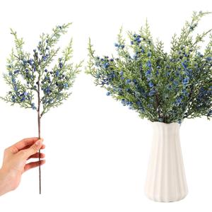 8 Pcs Winter Blue Berry Picks 16" Artificial Glitter Berry Juniper Tree Floral Greenery Stems Iced Winter Decor for Farmhouse Xmas Tree, Vase Fillers, Wreaths, Fireplace Mantels
