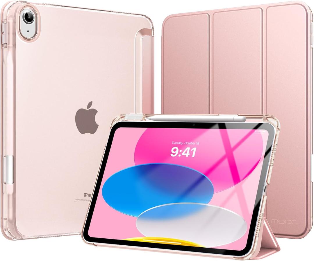 MoKo for iPad (A16) 11th Generation Case 11 Inch 2025 with Pencil Holder | For iPad 10th Generation Case 10.9 Inch 2022, Light Trifold Protective Cover with Hard PC Translucent Back Shell, Rose Gold