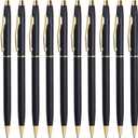 Cambond Slim Ballpoint Pens Bulk - Black Ink 1.0mm Medium Point Retractable Metal Pen for Police Uniform, Flight Attendant & Office, 10 Pack (Black Barrel)