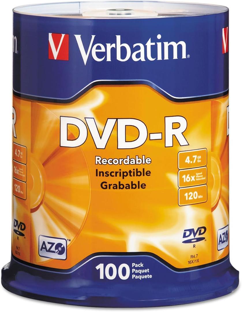 Verbatim DVD-R Blank Discs AZO Dye 4.7GB 16X Recordable Disc Spindle, Silver