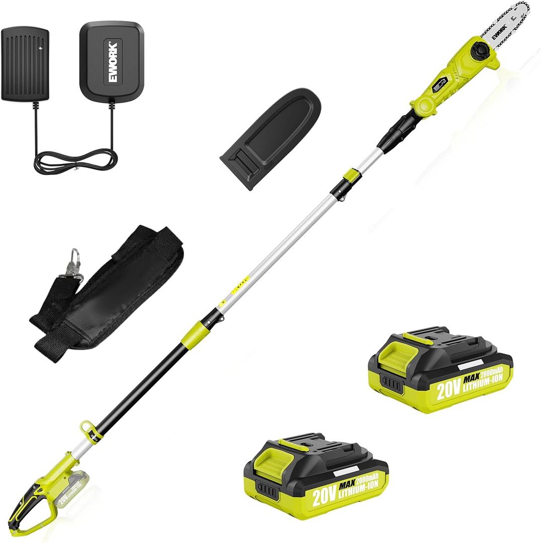 EWORK 20V 8" Cordless Pole Saws for Tree Trimming with Battery & Charger | Tool-Less Chain Tensione, Lightweight Electric Pole Chain saw with 4-Angle Adjustable Head