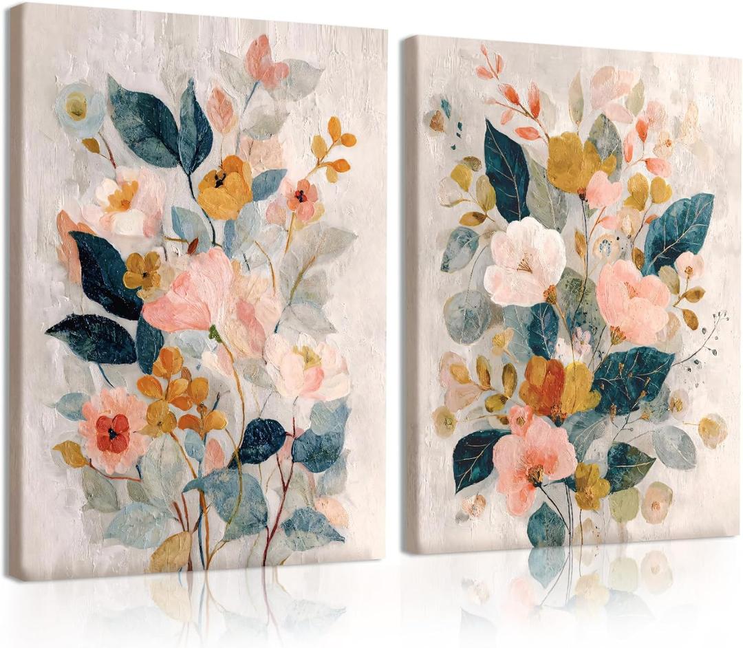 RUMSICH 2 Pcs Watercolor Floral Canvas Wall Art Colorful Wildflowers Print Posters Bohemian Botanical Wall Decor Modern Minimalist Flower Paintings Artwork Pictures Living Room Bedroom 12x16 Inch