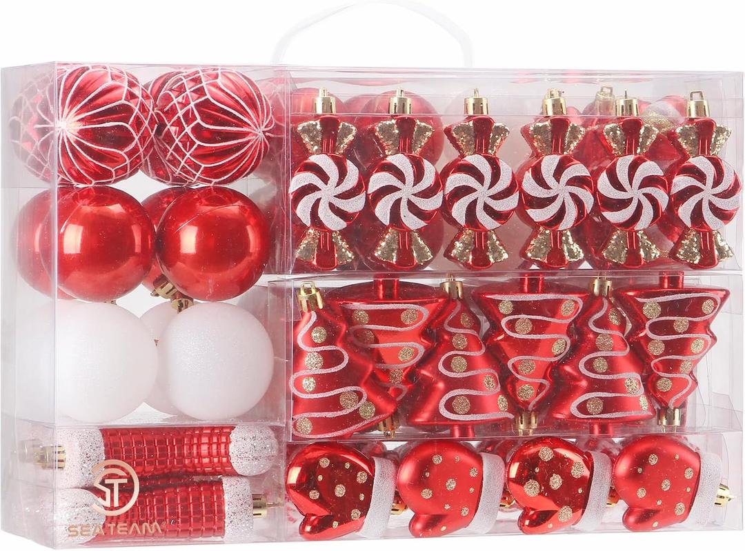 Sea Team 77-Pack Assorted Shatterproof Christmas Balls Christmas Ornaments Set Decorative Baubles Pendants with Reusable Hand-held Gift Package for Xmas Tree (Red)
