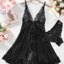 Foxiny Sexy Open Front V Neck Ruffle Sheer Mesh Lace Wireless Babydoll Lingerie Dress with Thong 2 Piece (Black, Large)