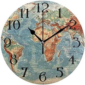 World Map Clock Map Wall Clock Battery Operated World Clock Silent Non-Ticking Decorative Round Clocks 9.5 in Quartz Analog Desk Clock Living Room Bathroom Decor