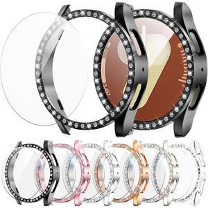 6+6 Pack Bling Case for Samsung Galaxy Watch 7 40mm Screen Protector, Sparkling Rhinestone Hard PC Case + HD Anti-Fog Tempered Glass Film, Waterproof Face Cover Set for Galaxy Watch 7 40mm (Black/Pink/Silver/Rose Gold/Starlight/Clear)