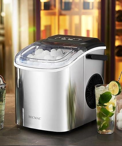 HECMAC Countertop Ice Maker, 26lbs/Day, 9 Cubes in 6 Mins, Self-Cleaning Machine with Basket & Scoop, 2 Bullet Ice Sizes for Home, Kitchen, Office, Bar, Party - Stainless Steel