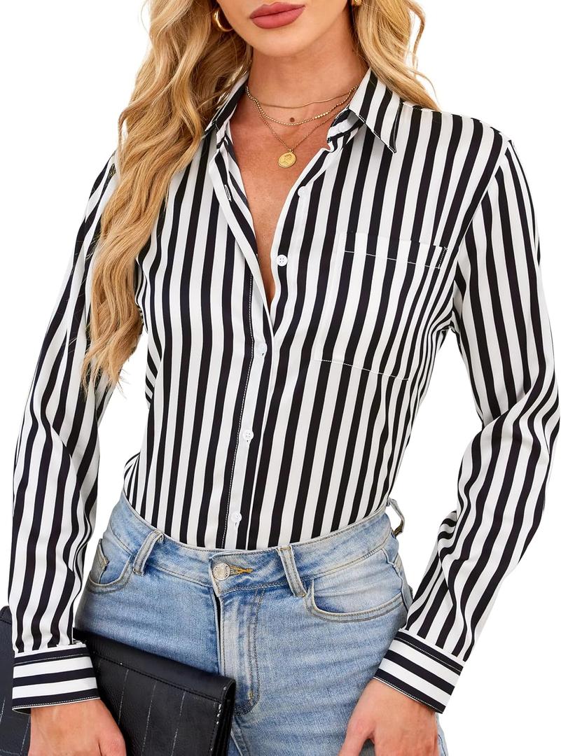 BBIBBI Black Collared Shirts for Women Button Down Shirt and White Tops Striped Clothes Long Sleeve Up Blouse Dressy Top Black Size XXL