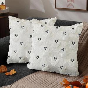 Halloween Pillow Covers 18x18 inch Set of 2 White Ghost Throw Pillow Cases Soft Plush Faux Fur Wool Couch Cushion Case for Chair Sofa Bedroom Living Room Home Decor