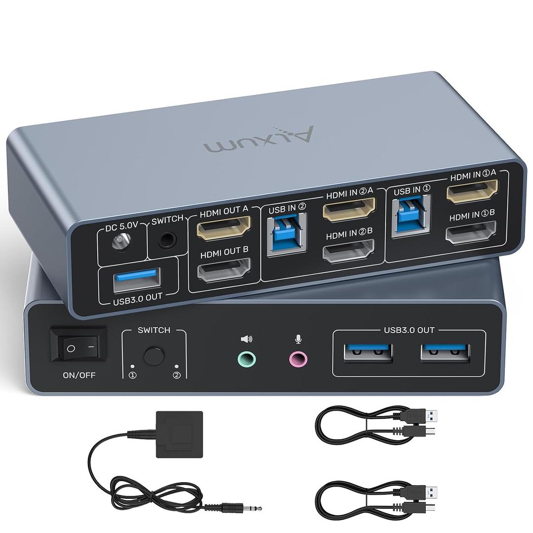 Alxum 2 Port HDMI KVM Switch with Audio and Microphone Ports-2 Monitors Share 2 PC,Dual Mode Switching Support Copy or Extended Mode 4K@60Hz 3 USB A 5Gbps,Includes Desktop Controller, 2 USB Cables