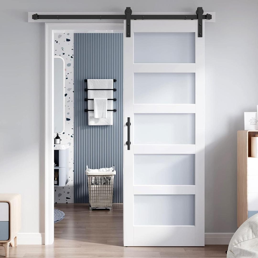 30x80 Inch Glass Sliding Barn Door Slab and 5.5ft Hardware Kit Included, 5 Frosted Glass, LVL Wood Panel Covered with White Water-Proof Scratch-Proof PVC Surface, Simple DIY Assembly