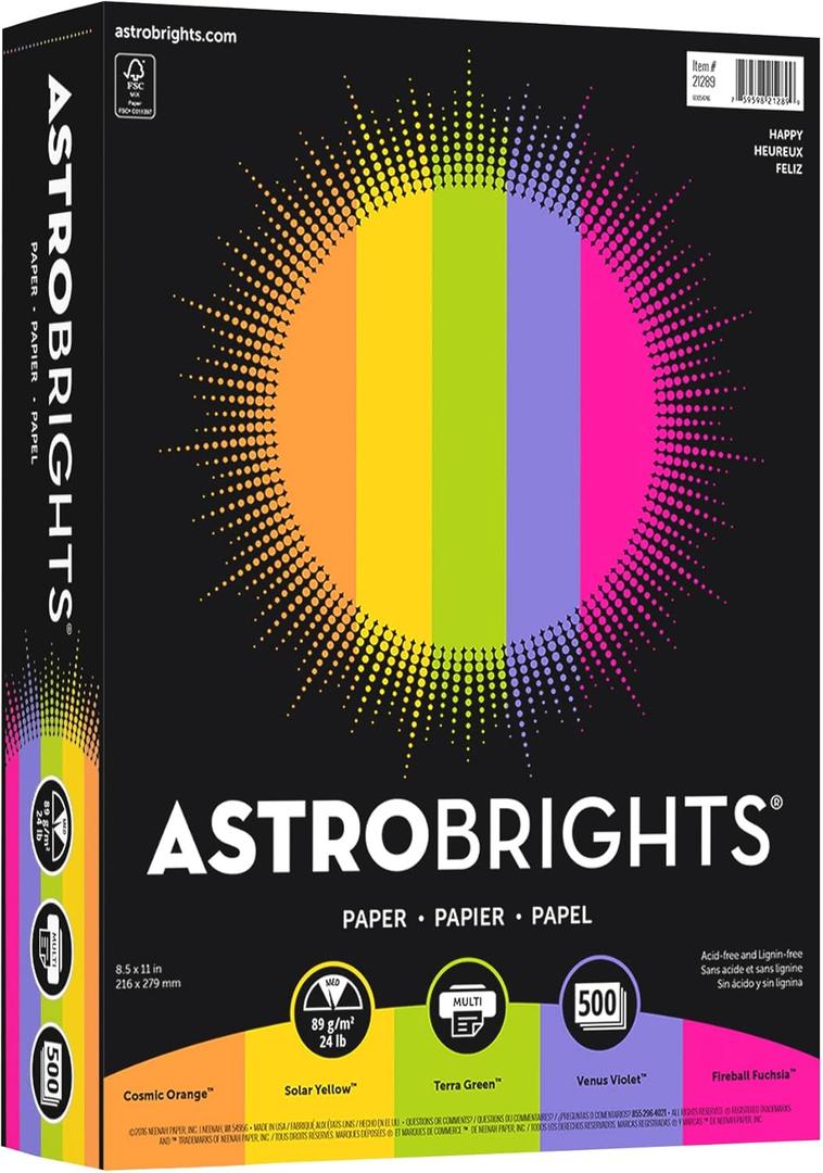 Neenah Astrobrights(R) Bright Color Paper, 8 1/2in. x 11in., 24 Lb, Assorted Colors, Ream Of 500 Sheets