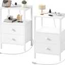 White Nightstands Set of 2 with Charging Station, Bedroom Night Stand Set 2 Small Night Stands with Drawers and Shelf Storage End Table Dorm Bedside Table Modern (Medium 2 pcs)