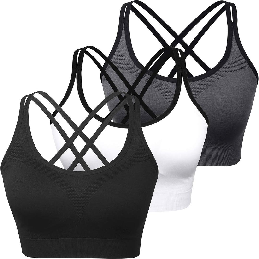 WOYYHO Cross Back Sports Bra for Women Padded Strappy Yoga Bra Medium Support Workout Bra for Athletic Gym Fitness 3 Pack, XL