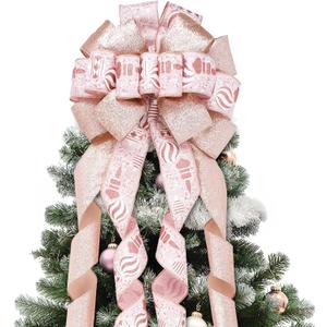 Christmas Tree Topper Bow, Large 13" Large Rose Gold & Pink Ribbon Bow with Ribbons, Christmas Print & Glitter Streamers for Xmas Tree, Long Wired Ribbon, Decoration for Farmhouse Holiday Party