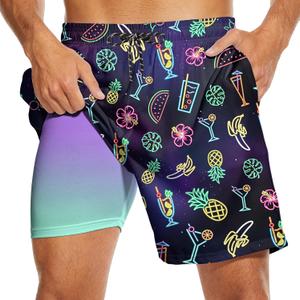 Mens Swim Trunks with Compression Liner 7" Bathing Suit Swimming Shorts Quick Dry Board Shorts Swimsuits with Pockets (Large, White-neon)