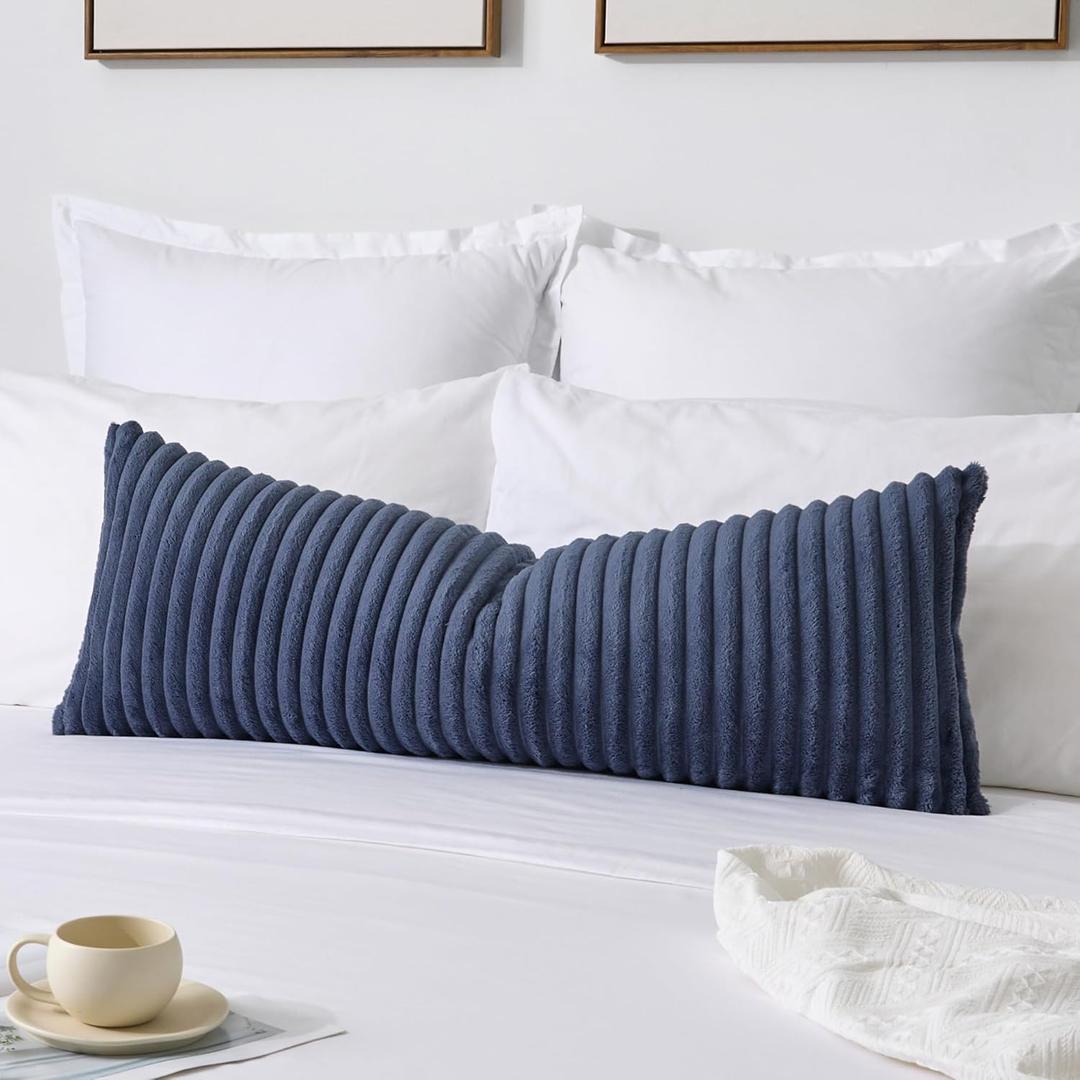 Kevin Textile Soft Plush 14x36 Inch Long Lumbar Pillow Cover 1 Pack, Luxury Fluffy Faux Fur Striped Flannel Rectangle Body Cushion Case for Couch Sofa Chair Bed Home Decor, Grey Blue