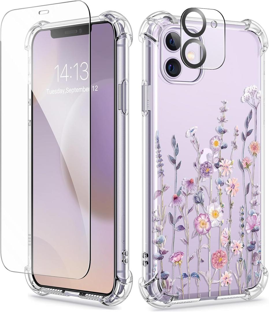 GVIEWIN for iPhone 11 Case with Screen Protector + Camera Lens Protector, [Not-Yellowing] Clear Soft TPU Shockproof Protective Cover for Women Girls Flower Pattern Phone Case 6.1"(Floratopia/Colorful)