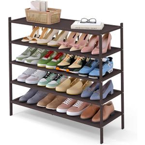 Smiry Bamboo Long Shoe Rack, 5 Tier Shoe Organizer for Closet, Brown, 5 Tier-33.86" Wide