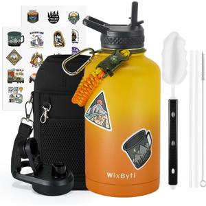 64 oz Insulated Water Bottle with Straw (Cold for 48 Hrs), Half Gallon Stainless Steel Triple Wall Vacuum Sports Water Jug, Leakproof Hydro Cup Flask with Straw Spout Lids & DIY Stickers (Ombre Orange)