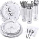 175 Pcs Merry Christmas Party Dinnerware Foil Dots Christmas Paper Plates Set Elk Disposable Xmas Plates Napkins Cups for New Year Wedding Birthday Baby Shower Party Supplies Decoration (White Silver)