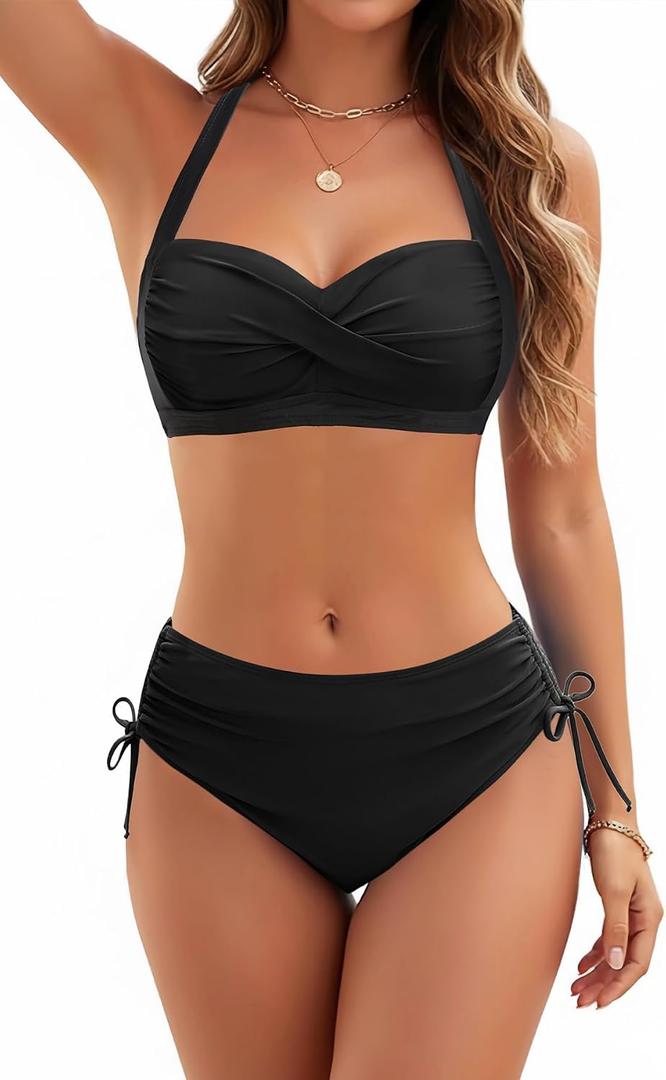 Women Two Piece Swimsuit - Push Up Bikini Set Criss Cross Bathing Suit Drawstring Mid Waist Bottom 2026 Swimwear, L
