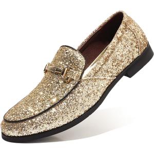 COSIDRAM Men's Glitter Dress Shoes Metallic Sequins Tuxedo Luxury Gold Buckle Loafers Slip-on Wedding Party Shoes,10.5