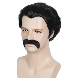 Linfairy Short 80's Costumes Men's Disco Dirt Bag Wig & Moustache Halloween Cosplay Costume Black Wig