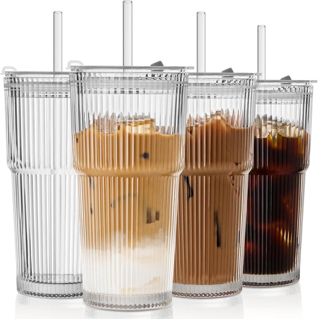 TUZAZO 20 Oz Ribbed Glass Tumblers with Lids and Straws - 4 Pack Reusable Glass Coffee Cups with Straws and Lids, Thicken Glass, Ideal for To Go Iced Coffee