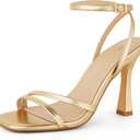 Elisabet Tang Womens Strappy High Heel Sandals 4.1 Inch Stiletto Square Open Toe Ankle Strap Buckle Dress Heels for Party, Prom, Dating, Wedding (10,Gold)