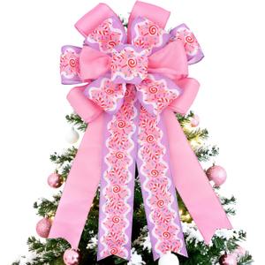 Christmas Wreaths Bows, Pink Candy Cane Bows for Christmas Tree Topper Decoration, Large Christmas Bows for Wreaths for Front Door Holiday Party Outside Hanging Ornament