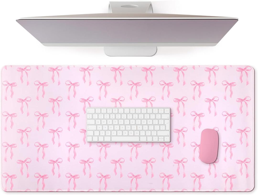 Large Pink Bows Mouse Pads Coquette Kawaii Mouse Pad 31.5 x 15.75 Inches Preppy Trendy Computer Desk Mat for Laptop with Non-Slip Rubber Base Mat Office Accessories Decor for Women