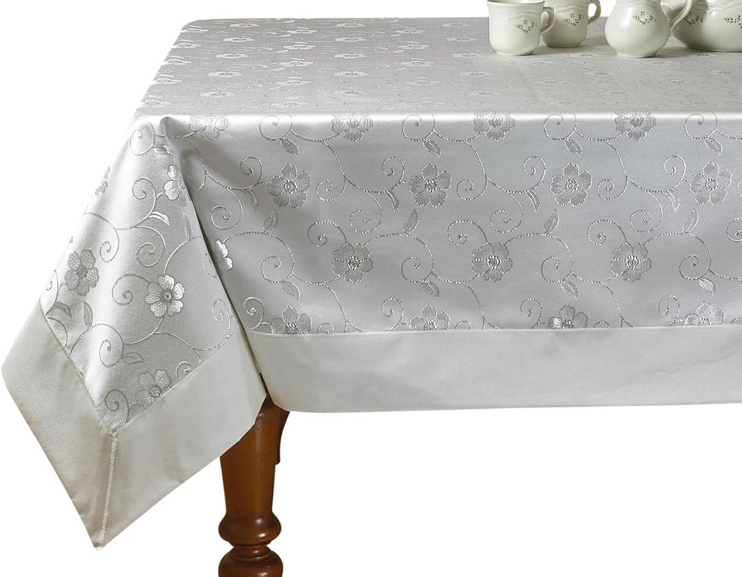 Violet Linen Elegant Embroidered Flower Design Tablecloths - 70" Round - in White