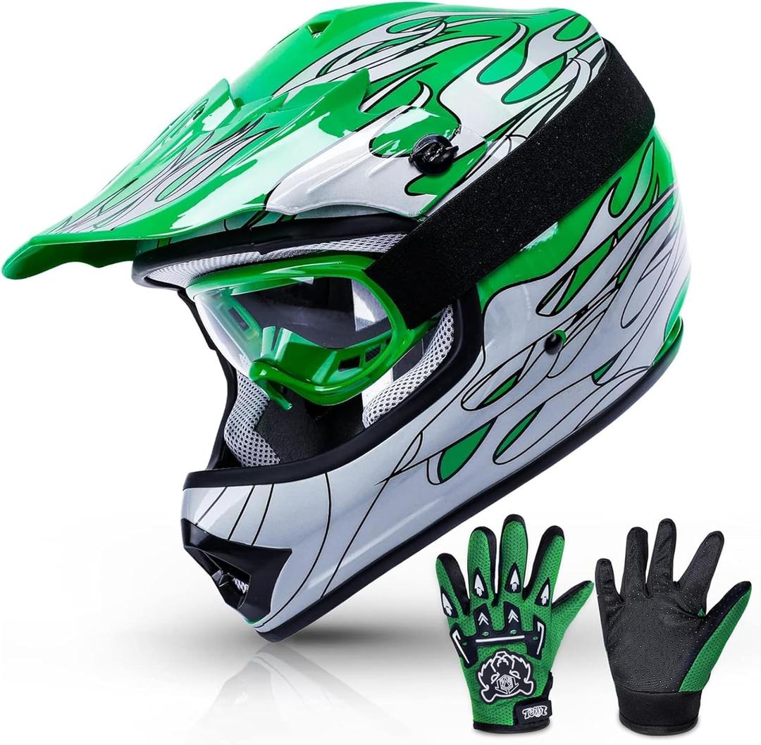 TCMT DOT Youth Kids Dirt Bike Helmet Youth Motocross Helmet Full Face ATV Four Wheeler Motorcycle BMX Helmet for Boys Girls, Off-Road Protective Gear with Goggles Gloves New (Small, Green Frame)