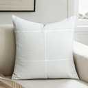 Embroidery Throw Pillow Covers 18x18 Inch Set of 1, Neutral Farmhouse Faux Linen Decorative Pillow Cover with Grid Textured Accent Pillowcase for Couch Sofa Living Room Home Decor, Beige (White Plaid)