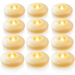 Homemory 12 Pack 3 Flameless Led Floating Candles, 200 Hour Battery Operated Flickering Waterproof Tealights for Cylinder Vases, Centerpieces at Wedding, Party, Pool, Holiday (Ivory Base)