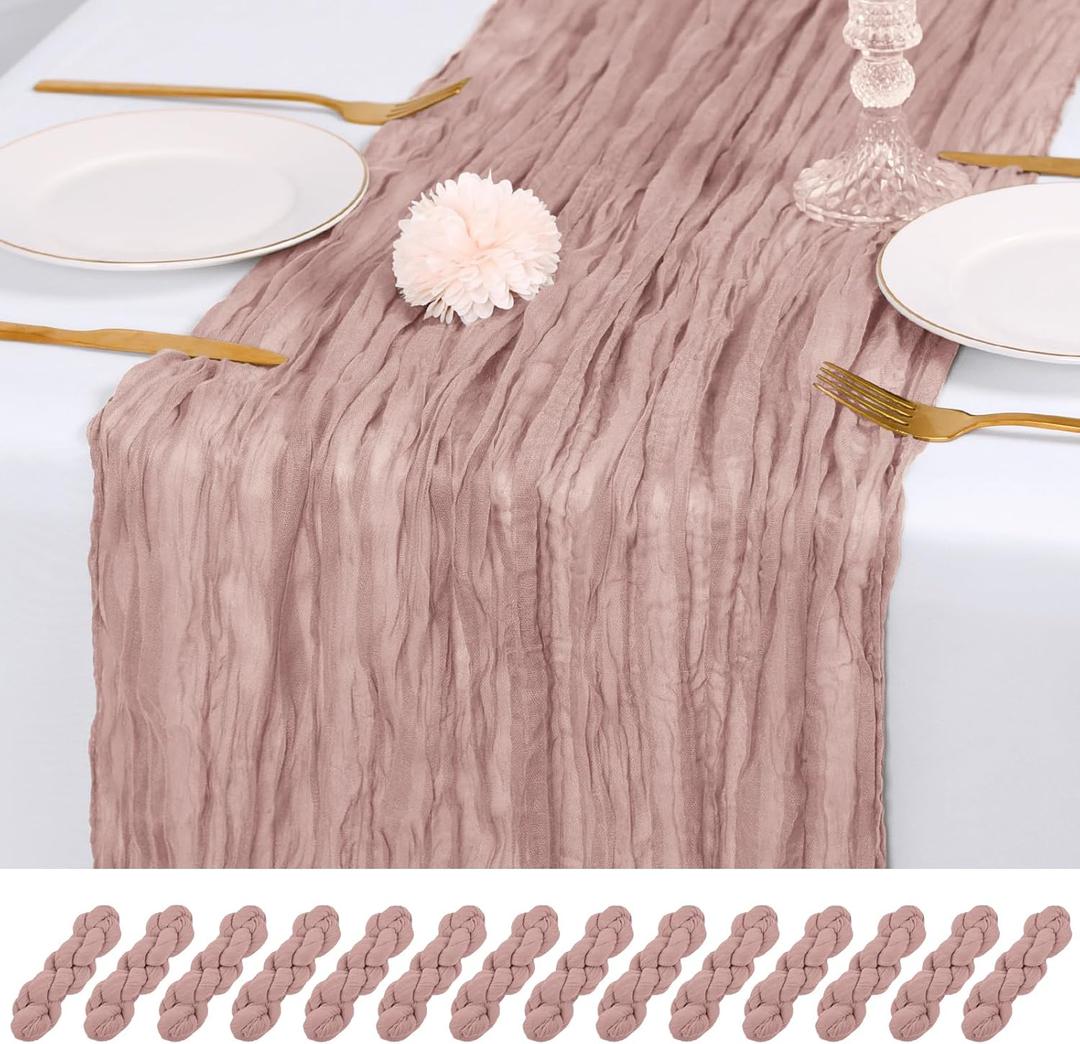 14 Pack Dusty Pink Cheesecloth Table Runner 17x108 Inch Semi Sheer Boho Gauze Cheese Cloth Fabric Table Runners, for Wedding Party Baby Shower Birthday Home Decor Garden Farmhouse