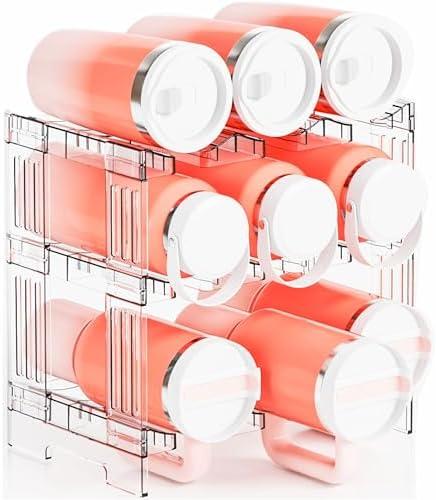 Yieach 3 Pack Stanley Cup Organizer with Handle Slot,Stackable Water Bottle Organizer for Cabinet,Clear Acrylic Water Bottle Storage Rack,Waterbottle & Tumbler Organizer for 40oz Starbucks,Yeti Holder