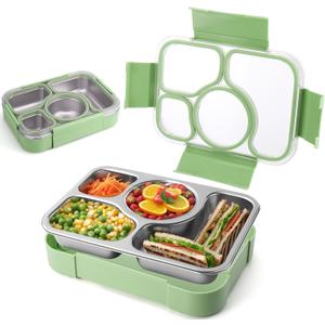 Palksky Stainless Steel Lunch Box for Kids, Stainless Steel Bento Box for Adult, 4 Compartment Metal Food Storage Containers with Lid for Travel, Work, Eco-Friendly, Leak-Proof (Green)