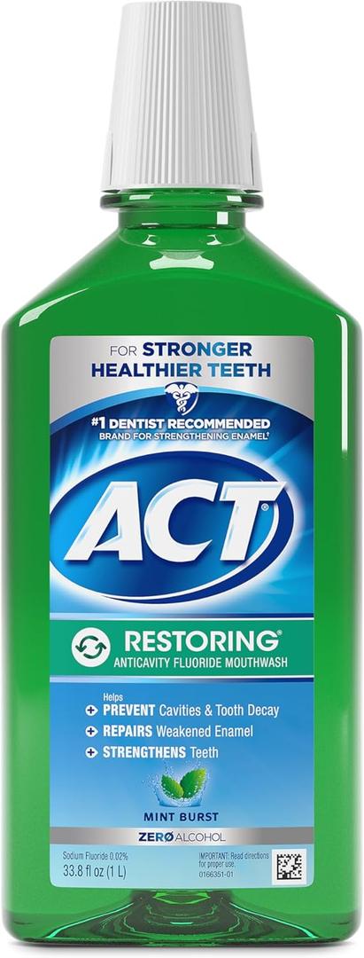 ACT Restoring Zero Alcohol Fluoride Mouthwash 33.8 fl. oz. Strengthens Tooth Enamel, Mint Burst