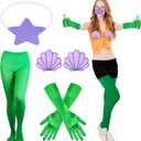 3Pcs Halloween Mermaid Costume Accessories Include Shell Decoration Starfish Mask Green Stretch Gloves Pantyhose for Adult Women Men Halloween Character Cosplay Dress Up Role-playing Party Favor