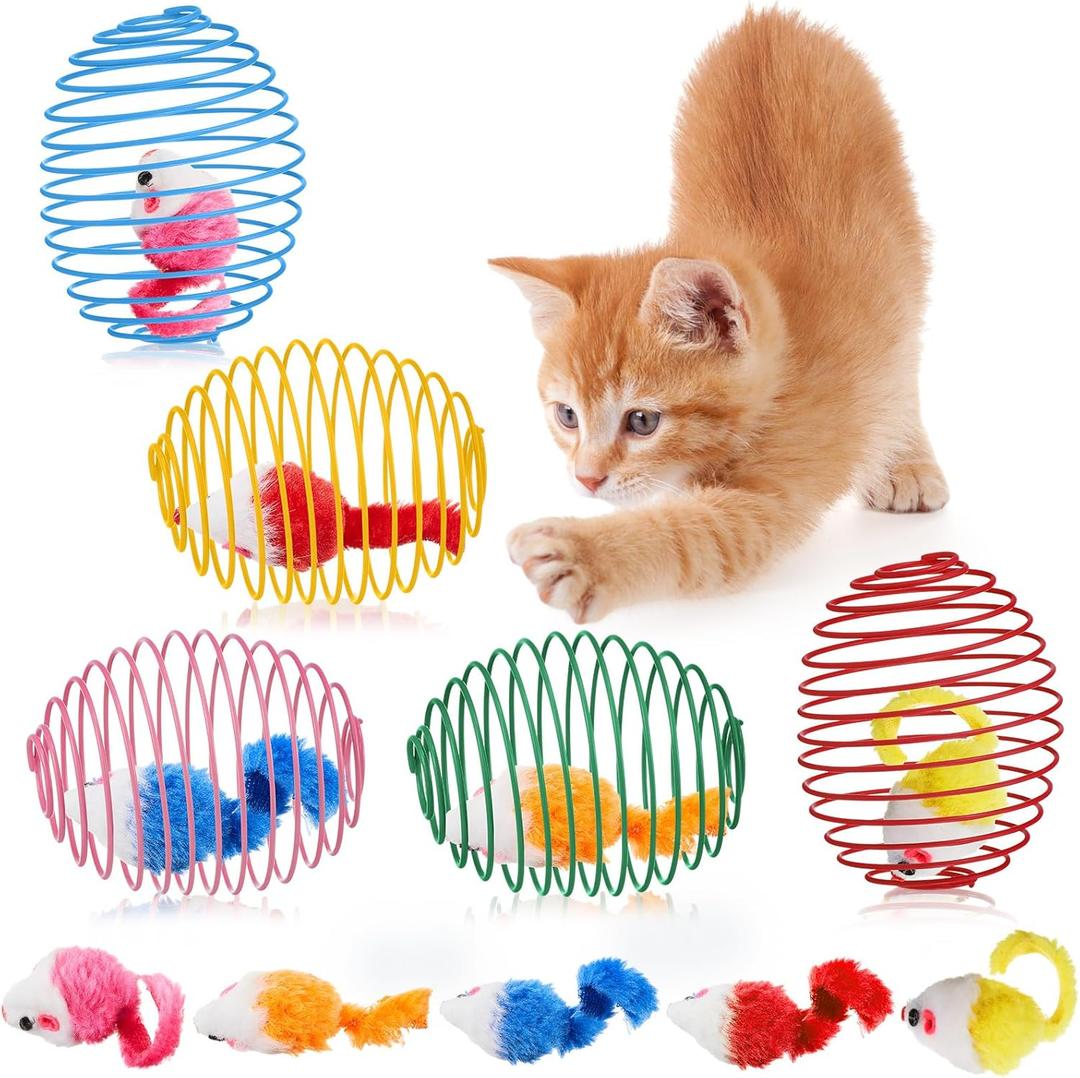 Jecery 5 Pcs Cat Spring Balls Toys Stretchable Rolling Balls Colorful Playful Coils Interactive Action Toy Caged Rats for Kitten Pet Supplies (Mouse,Bright Color)