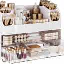 Delamu Makeup Organizer Countertop with 6 Brush Holder, Bathroom Countertop Organizer with 2 Large Drawers, Cosmetic Display Case for Vanity, Ideal Christmas Gifts for Women Girls, Light White