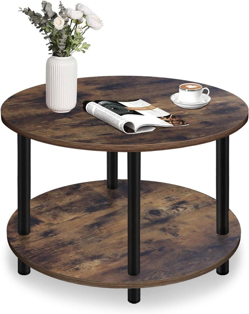 Small Round Coffee Table for Small Space, 23.5" 2-Tier Rustic Brown Wooden Coffee Table with Open Storage for Living Room/Balcony/Office, Metal Legs, Easy to Assemble, 23.5"*18.1"